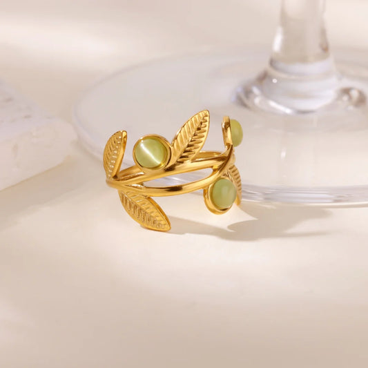 Opal Leaf Geometric Ring