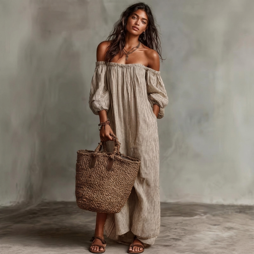 Striped Slash-Neck Maxi Dress