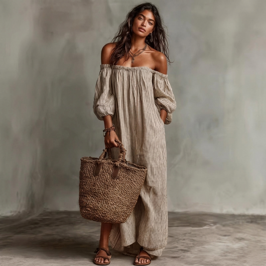 Striped Slash-Neck Maxi Dress