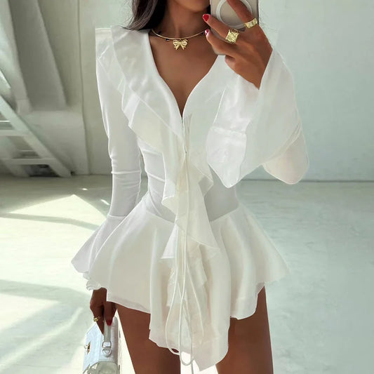 Ruffled V-Neck Flare Dress