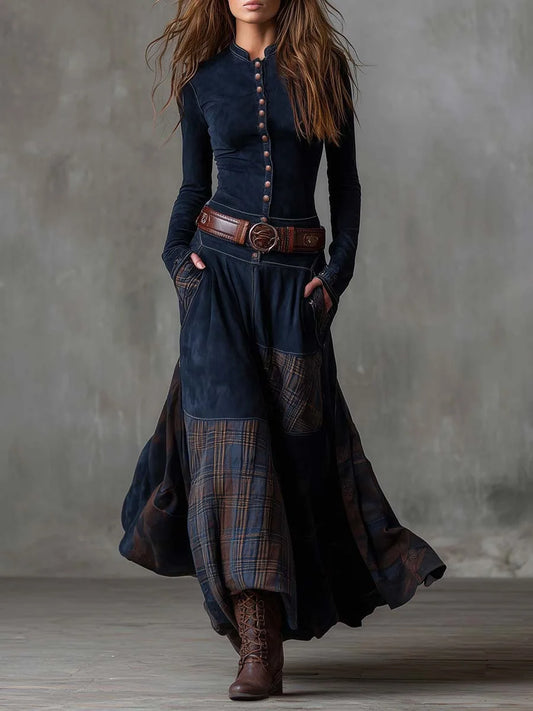 Plaid Splice Suede Dress