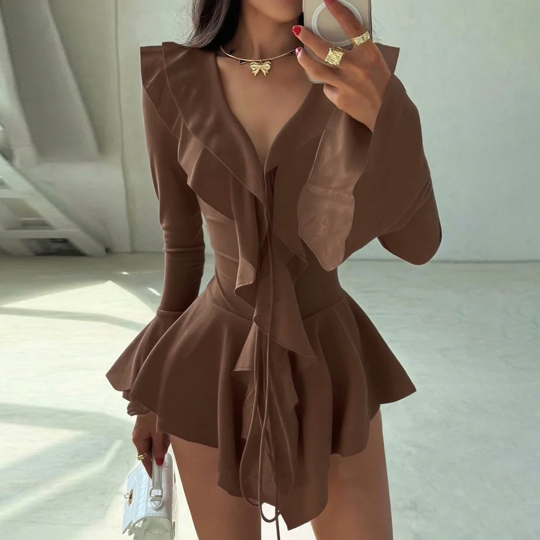 Ruffled V-Neck Flare Dress
